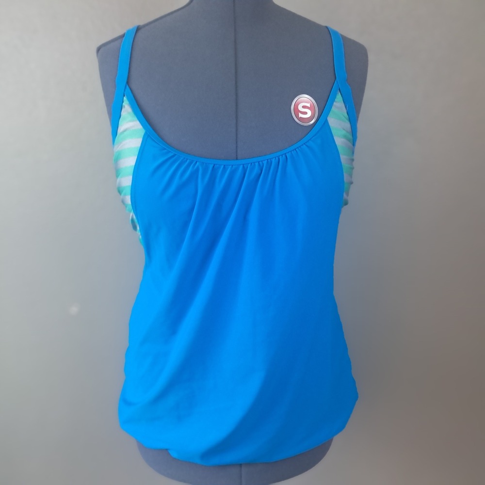 S Sport Womens Large Blue Striped Racerback Athletic Swimsuit Tank Sports Bra